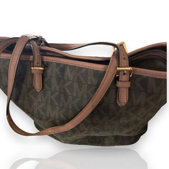 MICHAEL KORS Brown Monogram Jet Set Pocket Tote w/ Pink Leather Straps - Picture 4 of 8